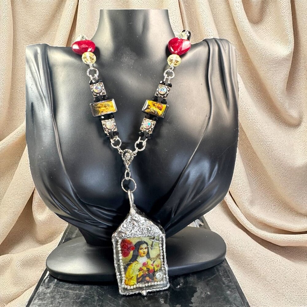 Handcrafted St Teresa Glass Shadow Box Pendant & Artisan Metalwork & Necklace - Picture 6 of 12